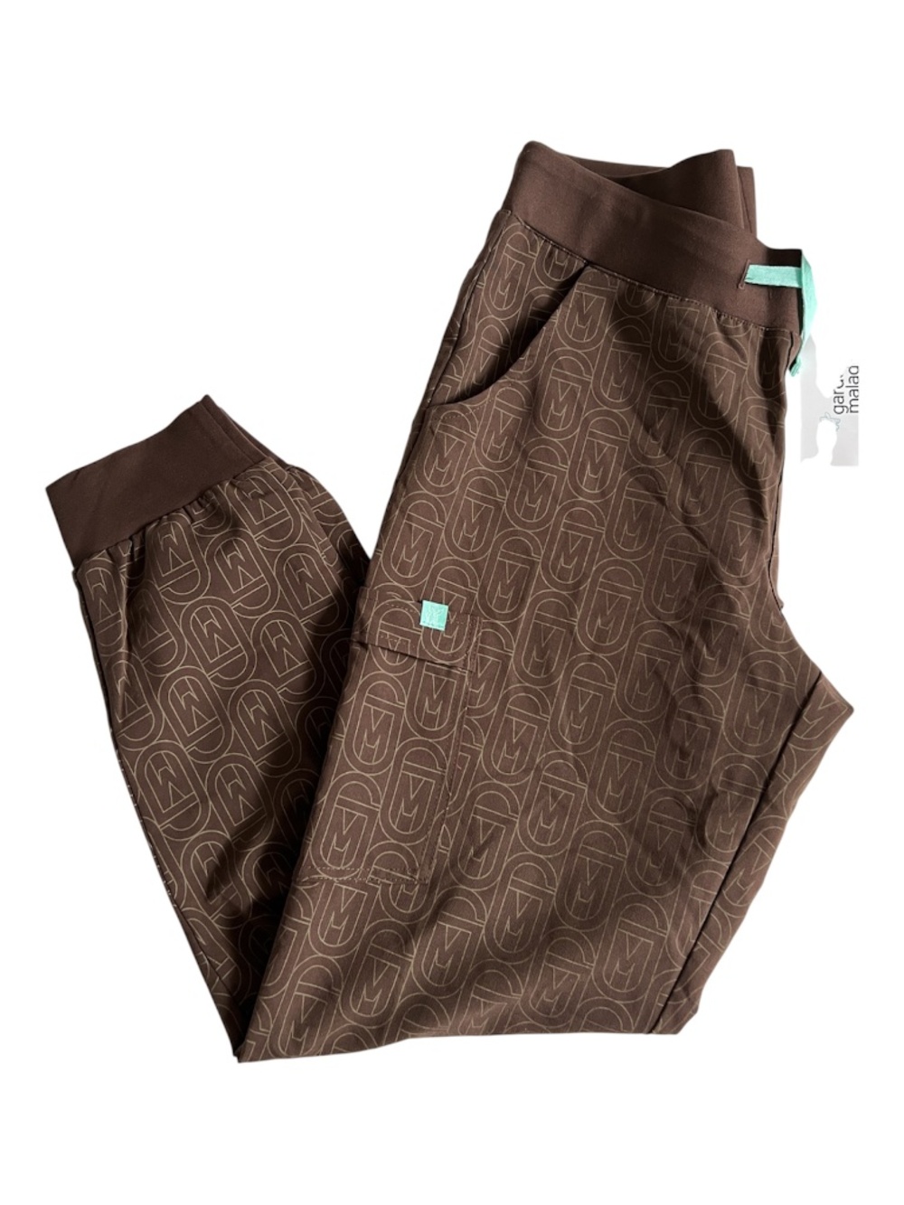 Garde Malade Scrub Pants Sz M Elastic Waistband Drawstring Brown Green NEW Logo